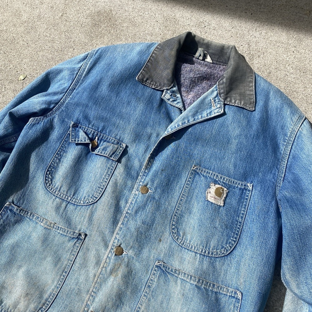 Vintage Carhartt Denim Barn Jacket Coat 70s Faded DIstressed Sz 44 Large - Picture 2 of 11